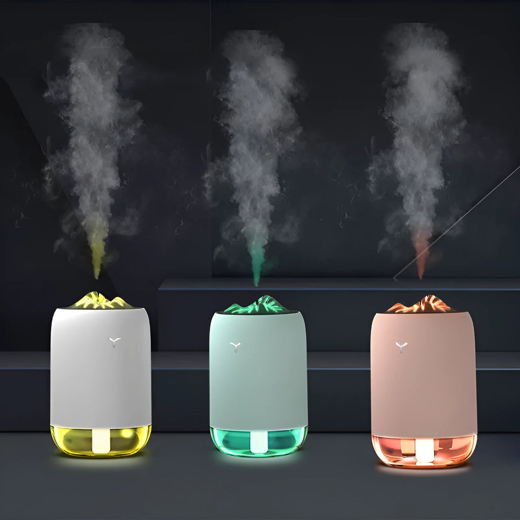 Magic Flame ultrasonic mini humidifier in white, blue, and pink colours on a desktop