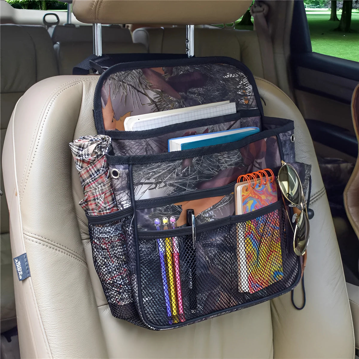Multifunctional car suspension storage bag, polyester, 35x28x9cm, in black, snake pattern camouflage, or new leaf camouflage.