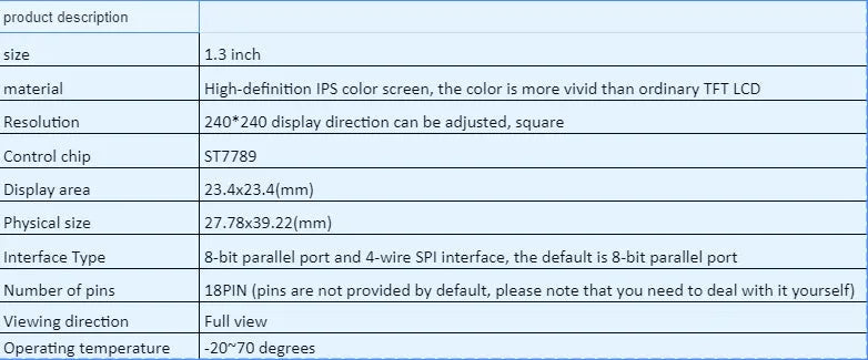 1.3 inch square IPS LCD display module with 240x240 resolution and 18-pin connector.