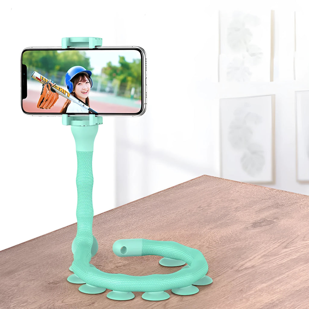 Flexible worm-style lazy bracket mobile phone holder with long silicone arm and black rubber suction cup base.