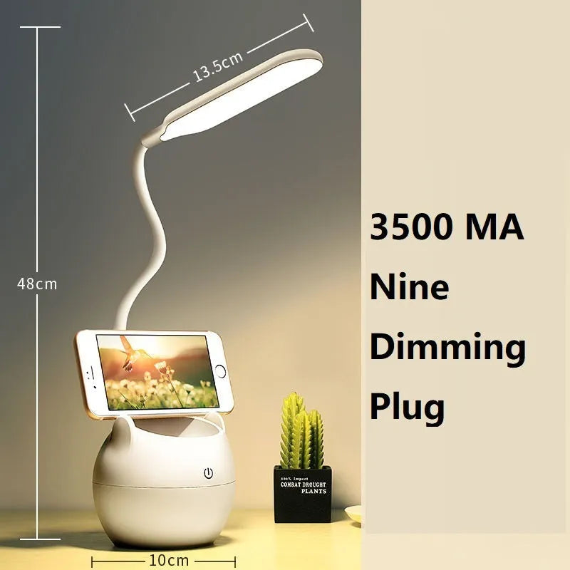 LED clip lamp with adjustable gooseneck and desk clip, showing pen holder attachment