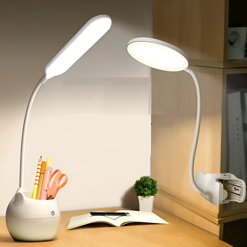 LED clip lamp with adjustable gooseneck and desk clip, showing pen holder attachment
