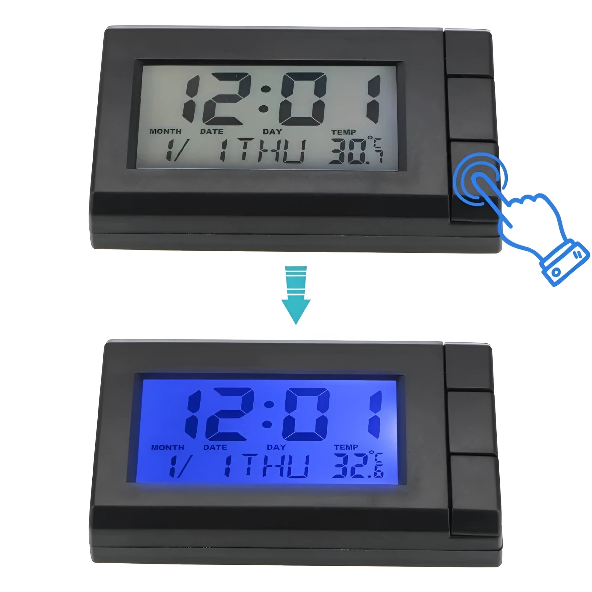 CT66 multifunction car digital clock with blue backlight, 72 x 16.6 x 39mm size