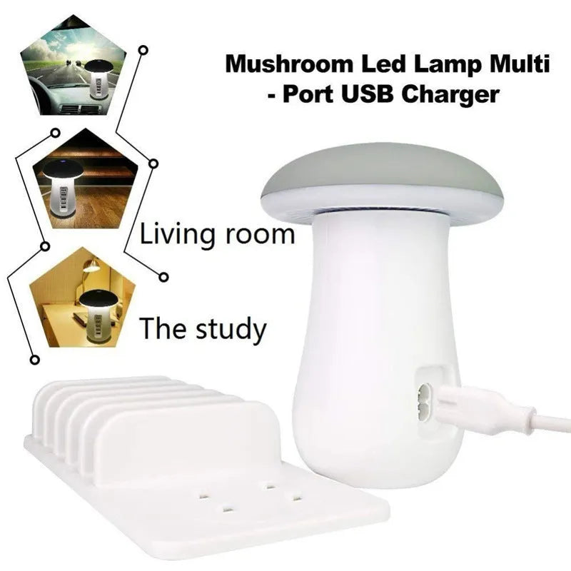 White 2-in-1 mushroom lamp USB charger with Qualcomm Quick Charge 3.0 on a wooden desk