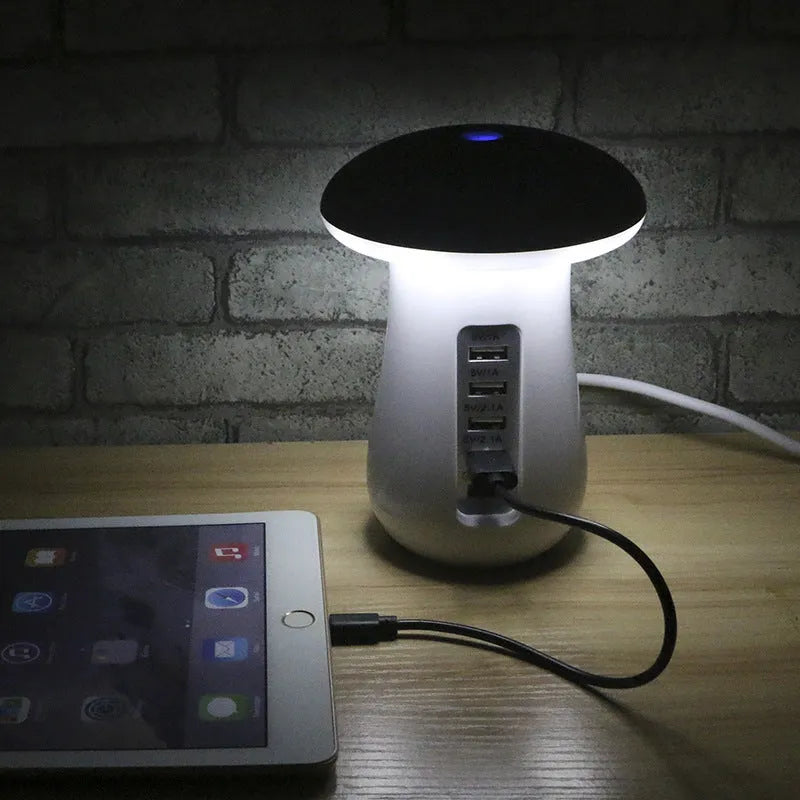 White 2-in-1 mushroom lamp USB charger with Qualcomm Quick Charge 3.0 on a wooden desk
