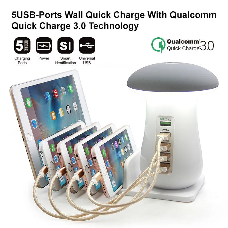 White 2-in-1 mushroom lamp USB charger with Qualcomm Quick Charge 3.0 on a wooden desk