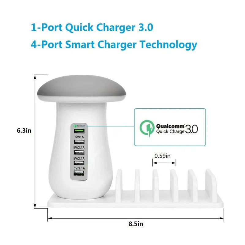 White 2-in-1 mushroom lamp USB charger with Qualcomm Quick Charge 3.0 on a wooden desk