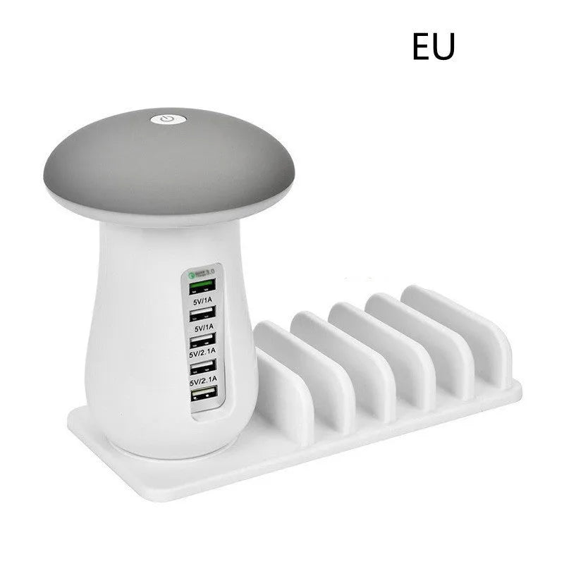 White 2-in-1 mushroom lamp USB charger with Qualcomm Quick Charge 3.0 on a wooden desk