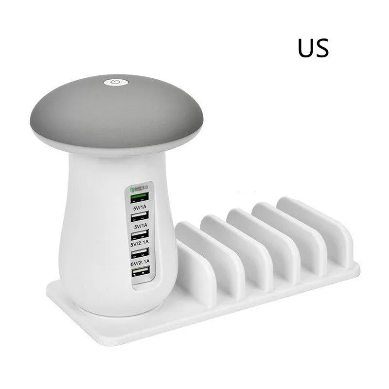 White 2-in-1 mushroom lamp USB charger with Qualcomm Quick Charge 3.0 on a wooden desk