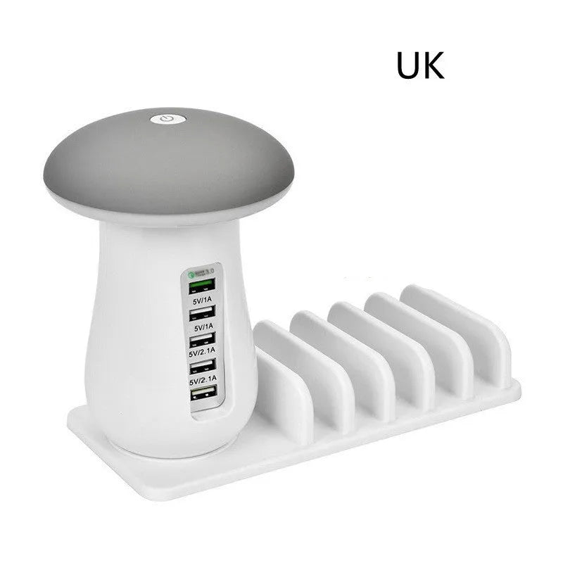White 2-in-1 mushroom lamp USB charger with Qualcomm Quick Charge 3.0 on a wooden desk