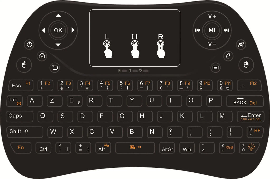 Wireless mini touch keyboard with seven-colour backlight showing compact design and English layout
