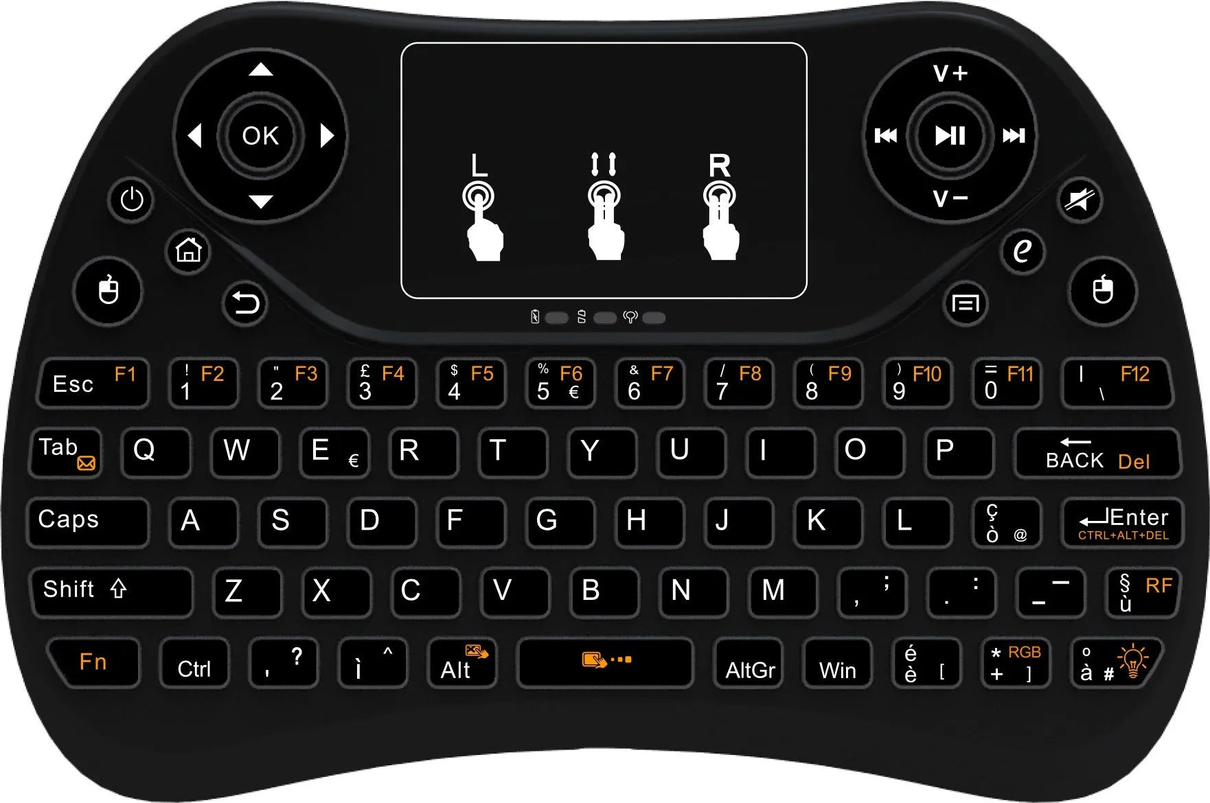 Wireless mini touch keyboard with seven-colour backlight showing compact design and English layout