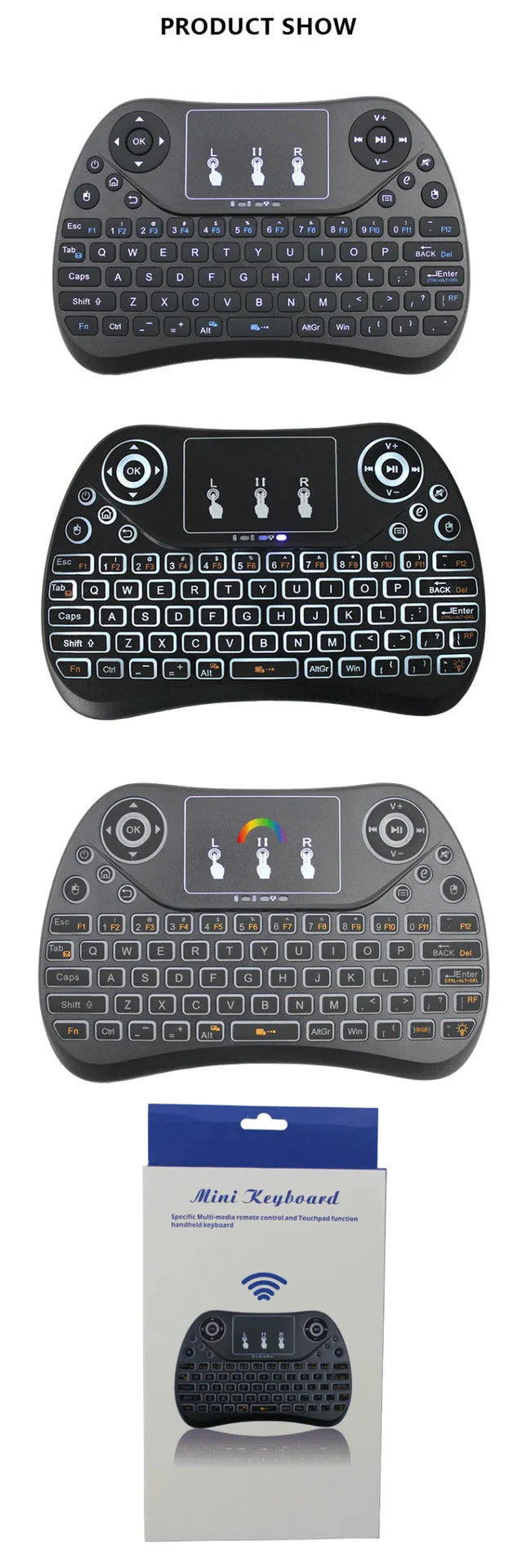 Wireless mini touch keyboard with seven-colour backlight showing compact design and English layout
