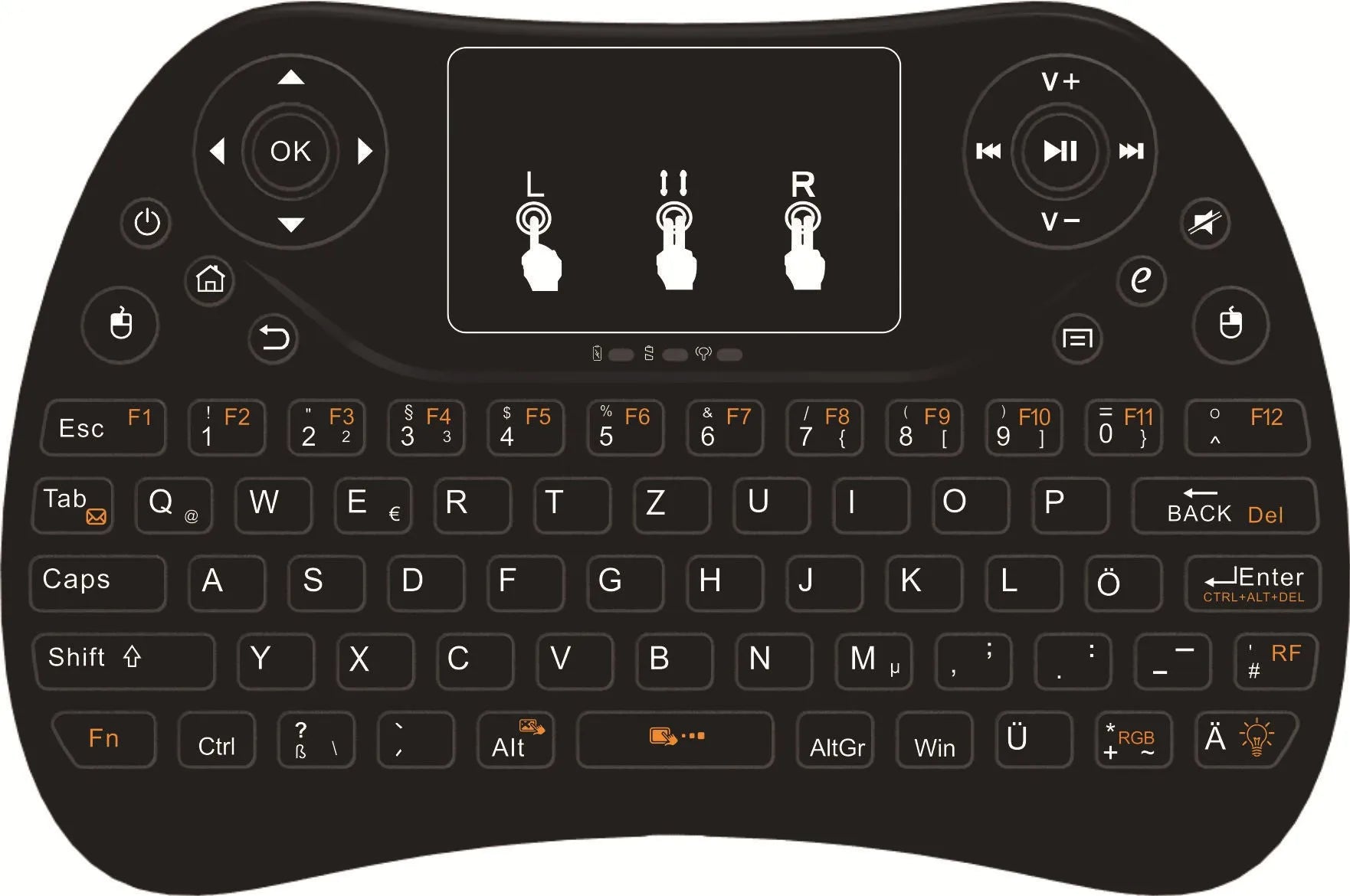 Wireless mini touch keyboard with seven-colour backlight showing compact design and English layout