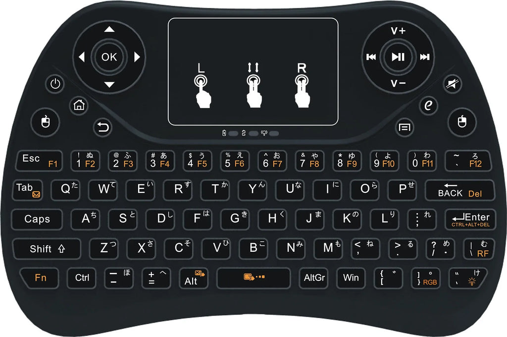 Wireless mini touch keyboard with seven-colour backlight showing compact design and English layout