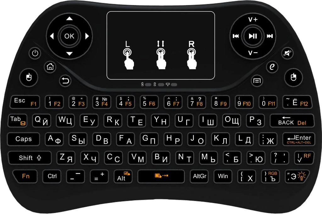 Wireless mini touch keyboard with seven-colour backlight showing compact design and English layout