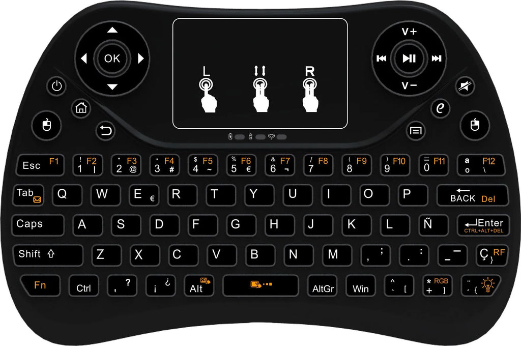 Wireless mini touch keyboard with seven-colour backlight showing compact design and English layout