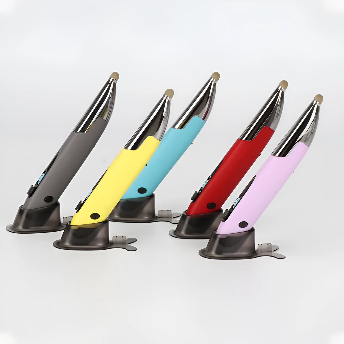 Rechargeable luminous wireless pen mouse in red, blue, yellow, purple, and grey with 500mAh battery and 140x20x15mm dimensions