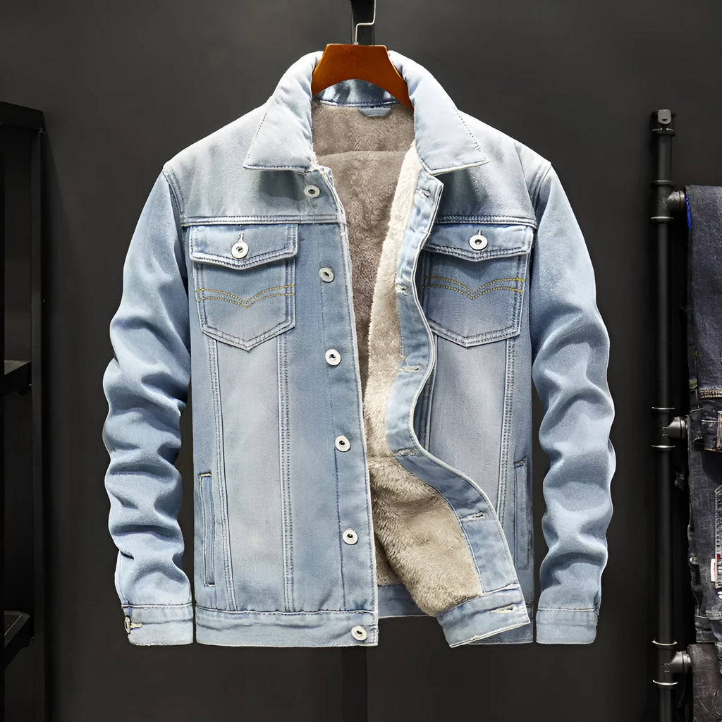 Men's Korean gown denim jacket in dark blue, 95% cotton, long sleeves, sizes M to 5XL