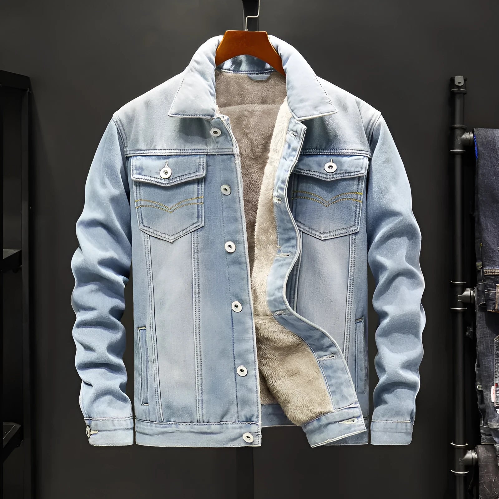 Men's Korean gown denim jacket in dark blue, 95% cotton, long sleeves, sizes M to 5XL