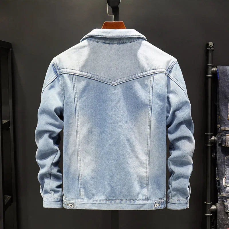 Men's Korean gown denim jacket in dark blue, 95% cotton, long sleeves, sizes M to 5XL
