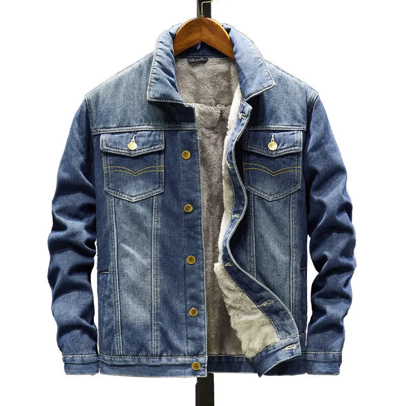 Men's Korean gown denim jacket in dark blue, 95% cotton, long sleeves, sizes M to 5XL