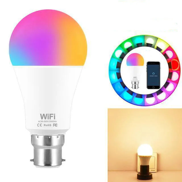 A smart WiFi-enabled LED light bulb with RGB colour changing and dimming functions for E27 or B22 fittings.