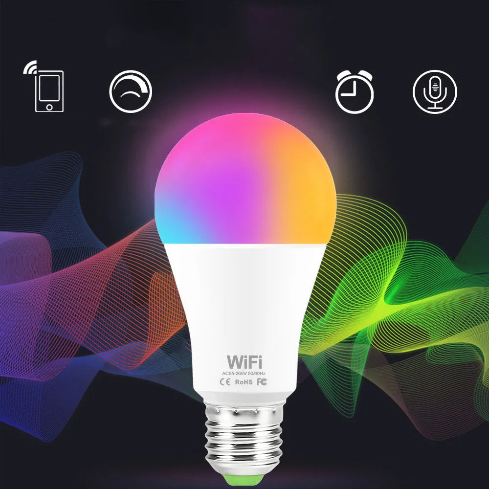 A smart WiFi-enabled LED light bulb with RGB colour changing and dimming functions for E27 or B22 fittings.
