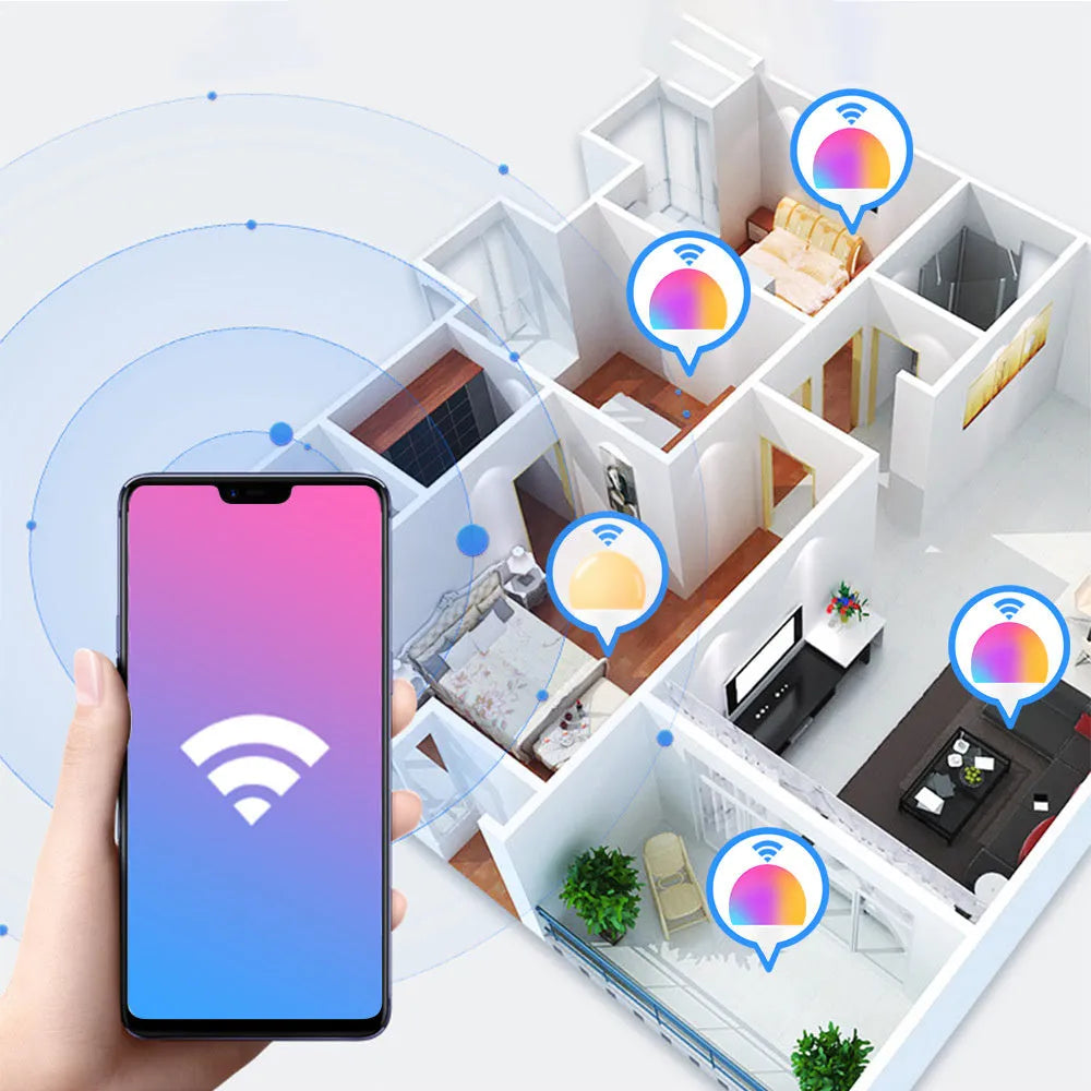 A smart WiFi-enabled LED light bulb with RGB colour changing and dimming functions for E27 or B22 fittings.