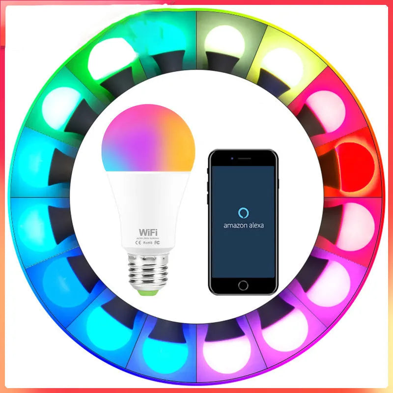 A smart WiFi-enabled LED light bulb with RGB colour changing and dimming functions for E27 or B22 fittings.