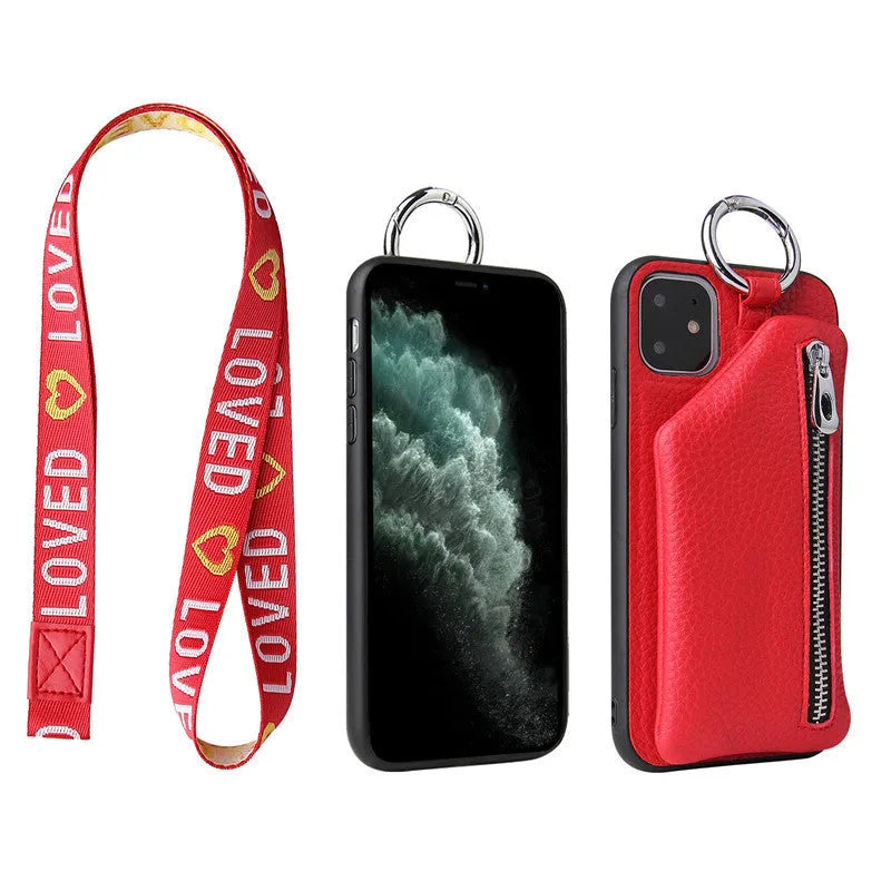 Pink PU leather phone case with an attached cord featuring a wallet and coin purse, worn as a crossbody lanyard.