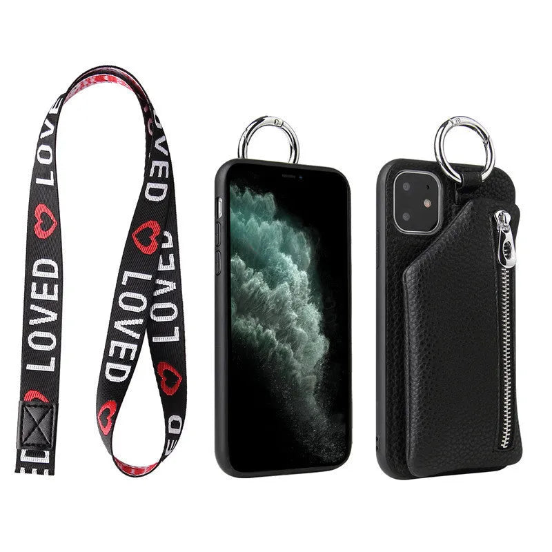 PU leather crossbody phone case with neck lanyard strap in pink colour for iPhone.