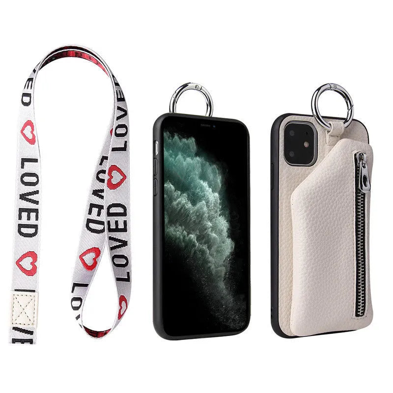 Pink PU leather phone case with an attached cord featuring a wallet and coin purse, worn as a crossbody lanyard.