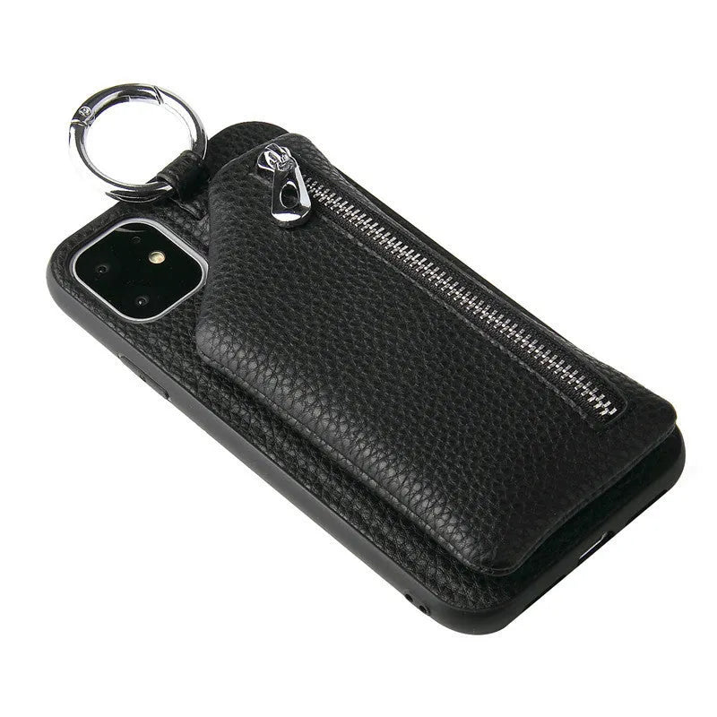 Pink PU leather phone case with an attached cord featuring a wallet and coin purse, worn as a crossbody lanyard.