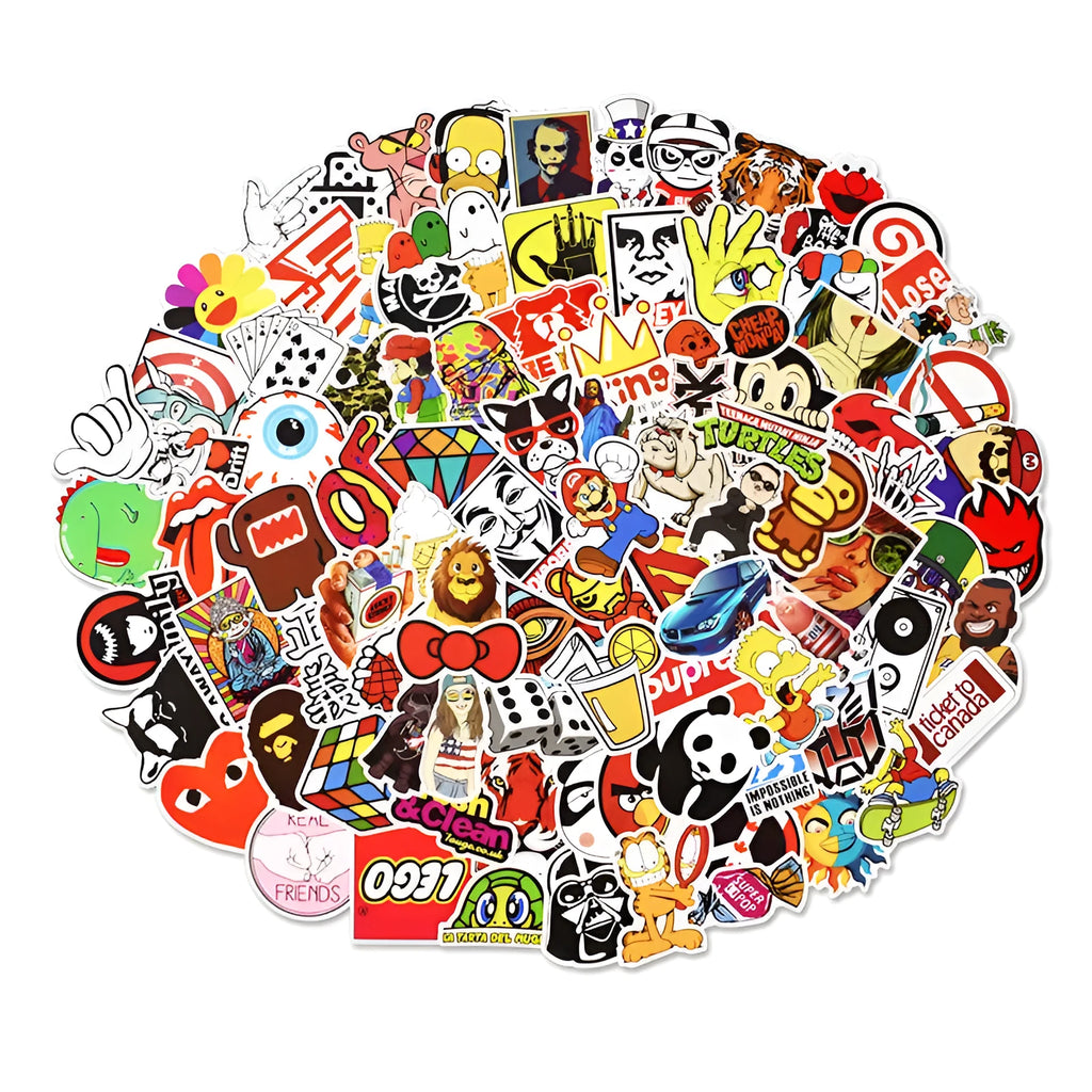 Pack of 100 mixed graffiti and cartoon stickers for luggage and car personalisation