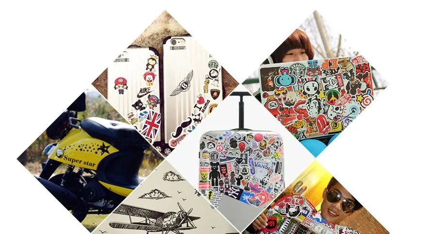 Pack of 100 mixed graffiti and cartoon stickers for luggage and car personalisation