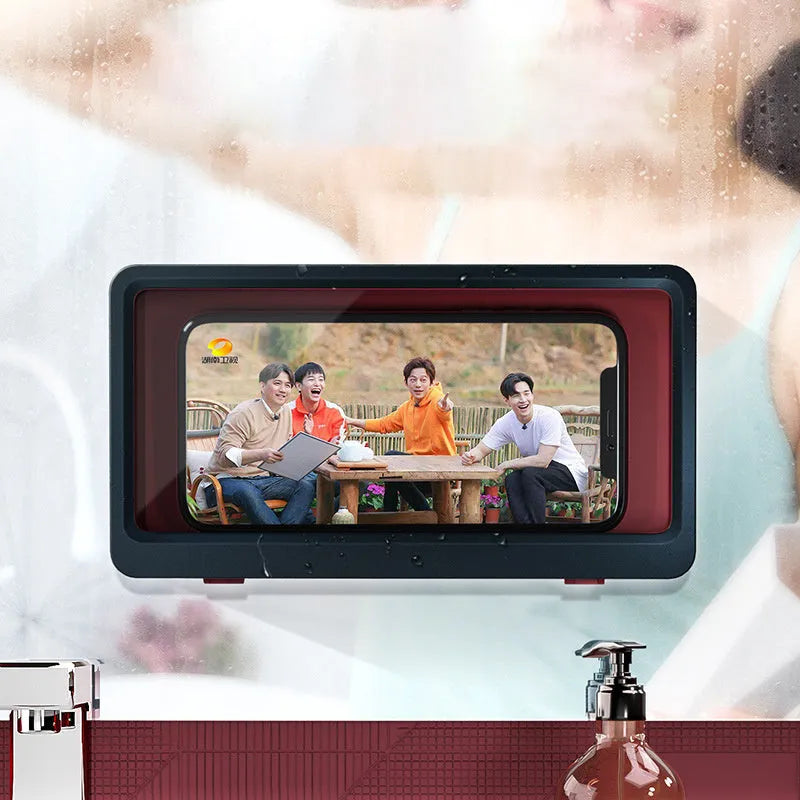 Waterproof bathroom phone holder mounted on wall holding smartphone