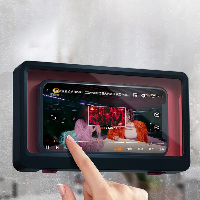 Waterproof bathroom phone holder mounted on wall holding smartphone