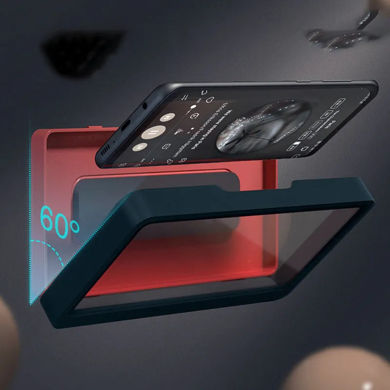 Waterproof bathroom phone holder mounted on wall holding smartphone