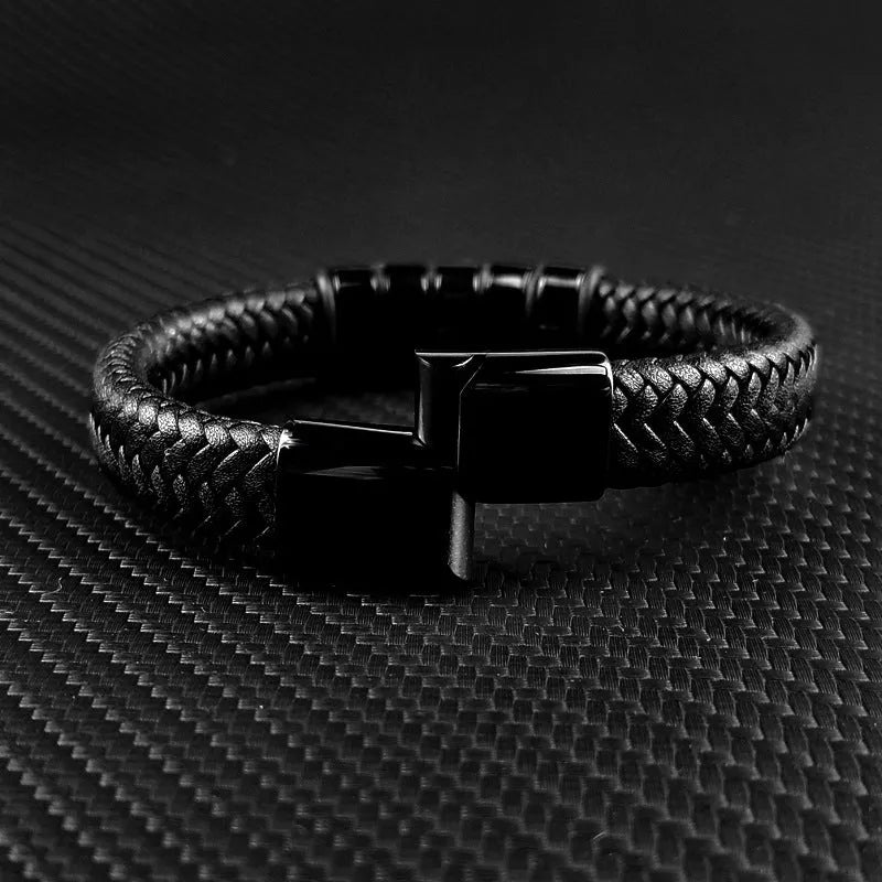 Custom family name bracelet with leather band, stainless steel and titanium metal parts, bead charm, double safety clasp