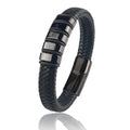 Custom family name bracelet with leather band, stainless steel and titanium metal parts, bead charm, double safety clasp