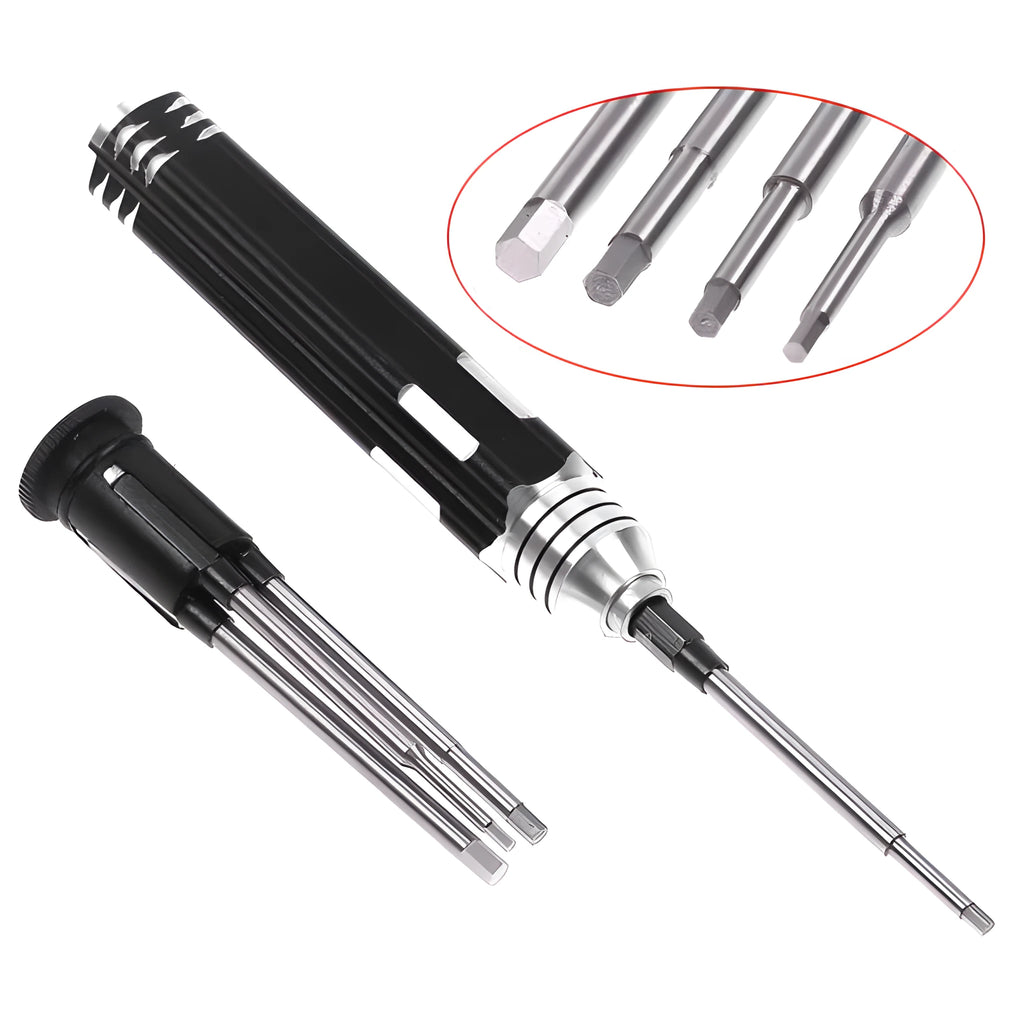 Four-in-one hexagon socket screwdriver set for aeromodelling with black aluminium handle and four bits