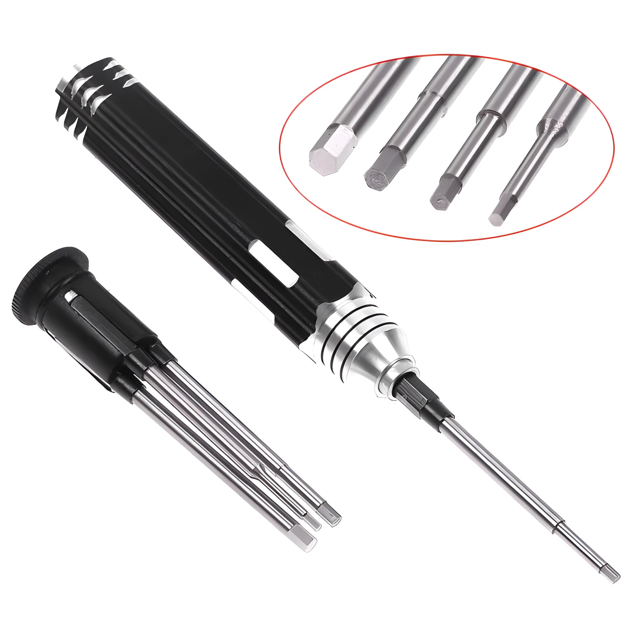 Four-in-one hexagon socket screwdriver set for aeromodelling with black aluminium handle and four bits
