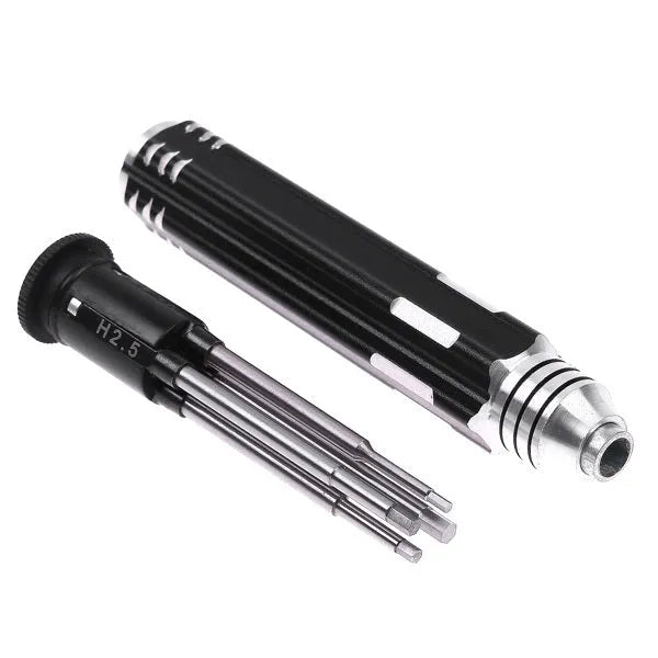 Four-in-one hexagon socket screwdriver set for aeromodelling with black aluminium handle and four bits