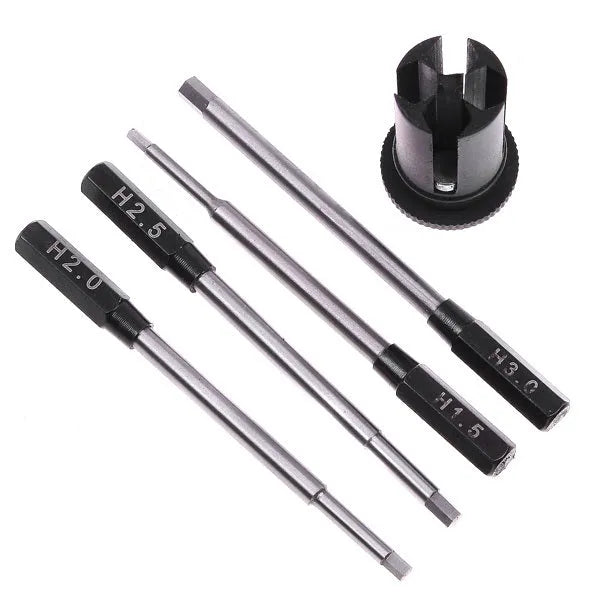 Four-in-one hexagon socket screwdriver set for aeromodelling with black aluminium handle and four bits
