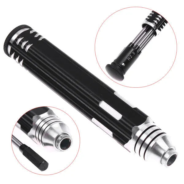 Four-in-one hexagon socket screwdriver set for aeromodelling with black aluminium handle and four bits