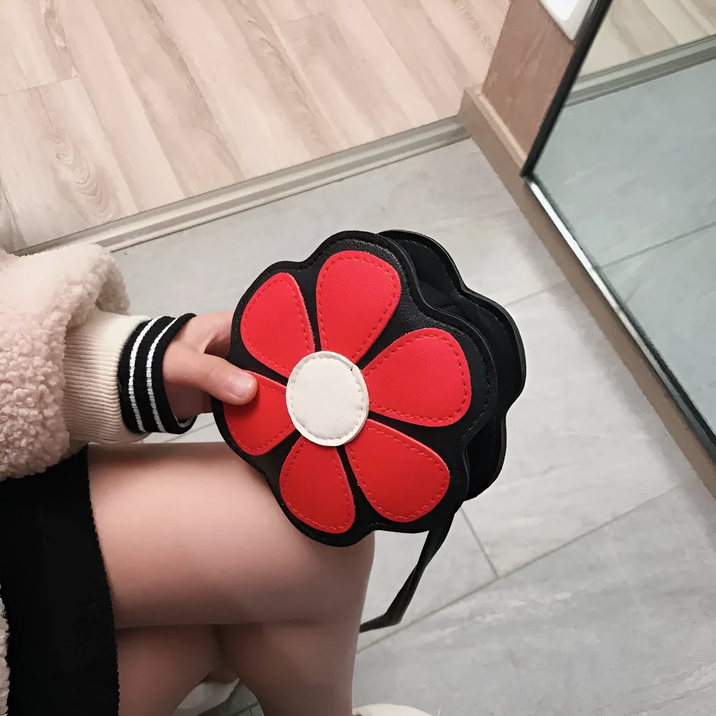 Princess Fashion Flower cute baby accessories shoulder bag in pink, small PU leather with six-petal flower design and zipper closure