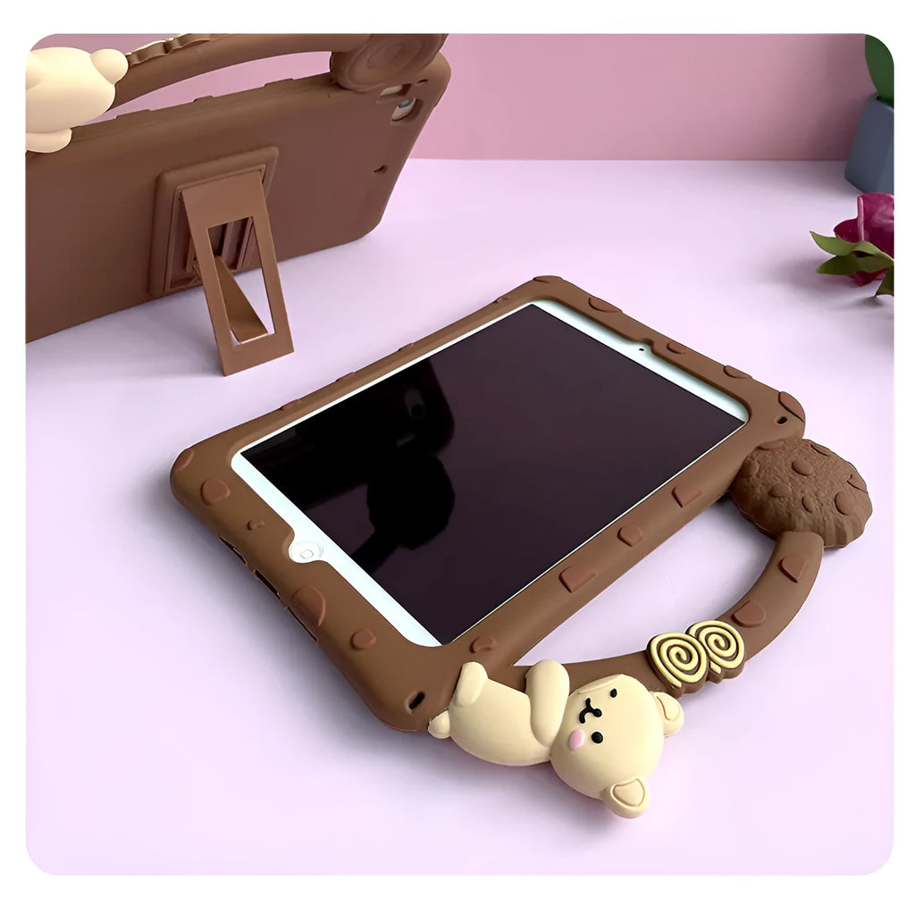 Brown cartoon silicone tablet sleeve with a built-in bracket for iPad and iPad Pro.