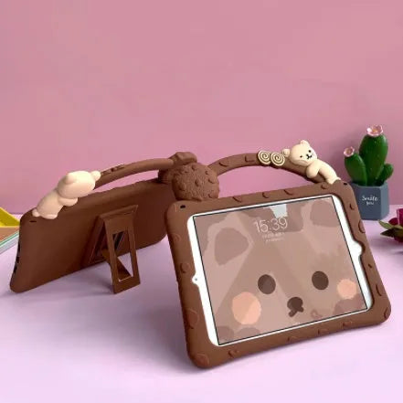 Brown cartoon silicone tablet sleeve with a built-in bracket for iPad and iPad Pro.
