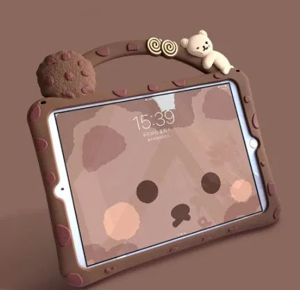 Brown cartoon-style silicone sleeve for iPad with a bracket handle, shown on a tablet.